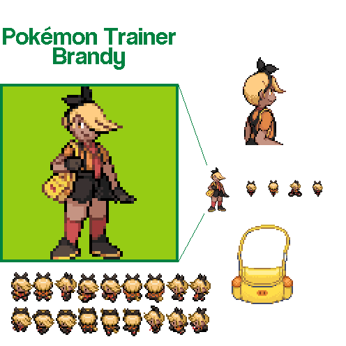 Spritework for a fanmade Pokemon player character design. Includes cohesive art across various scales and configurations.