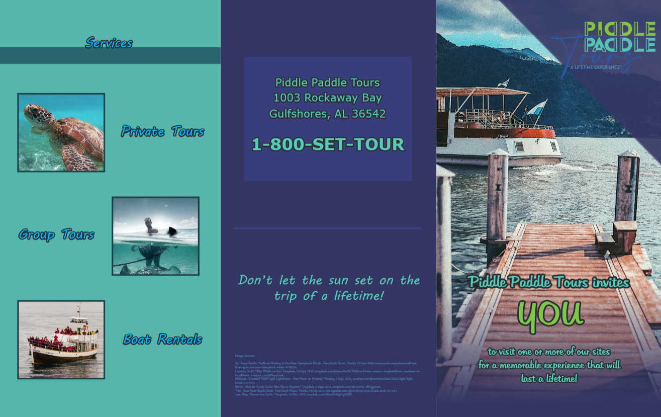 Travel brochure design for a fictional boat tour company, created for a college class.
