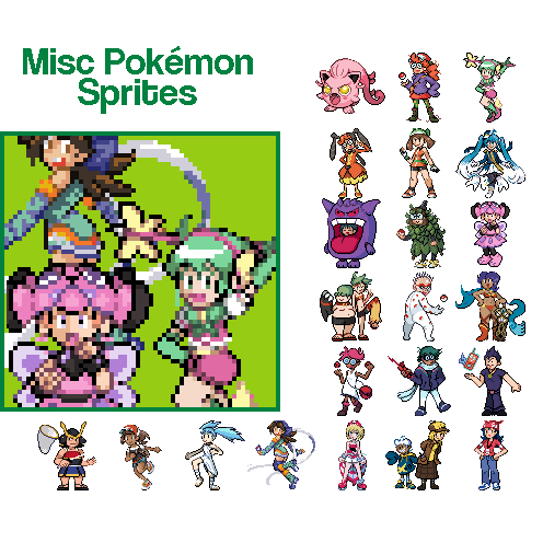 Various Pokemon-style character sprites. Sprites are 64x64 and 15 colors each to match Game Boy Advance limitations.