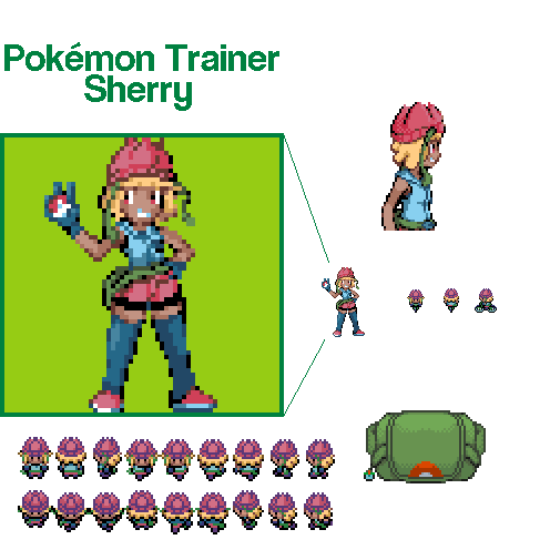 Spritework for a fanmade Pokemon player character design. Includes cohesive art across various scales and configurations.